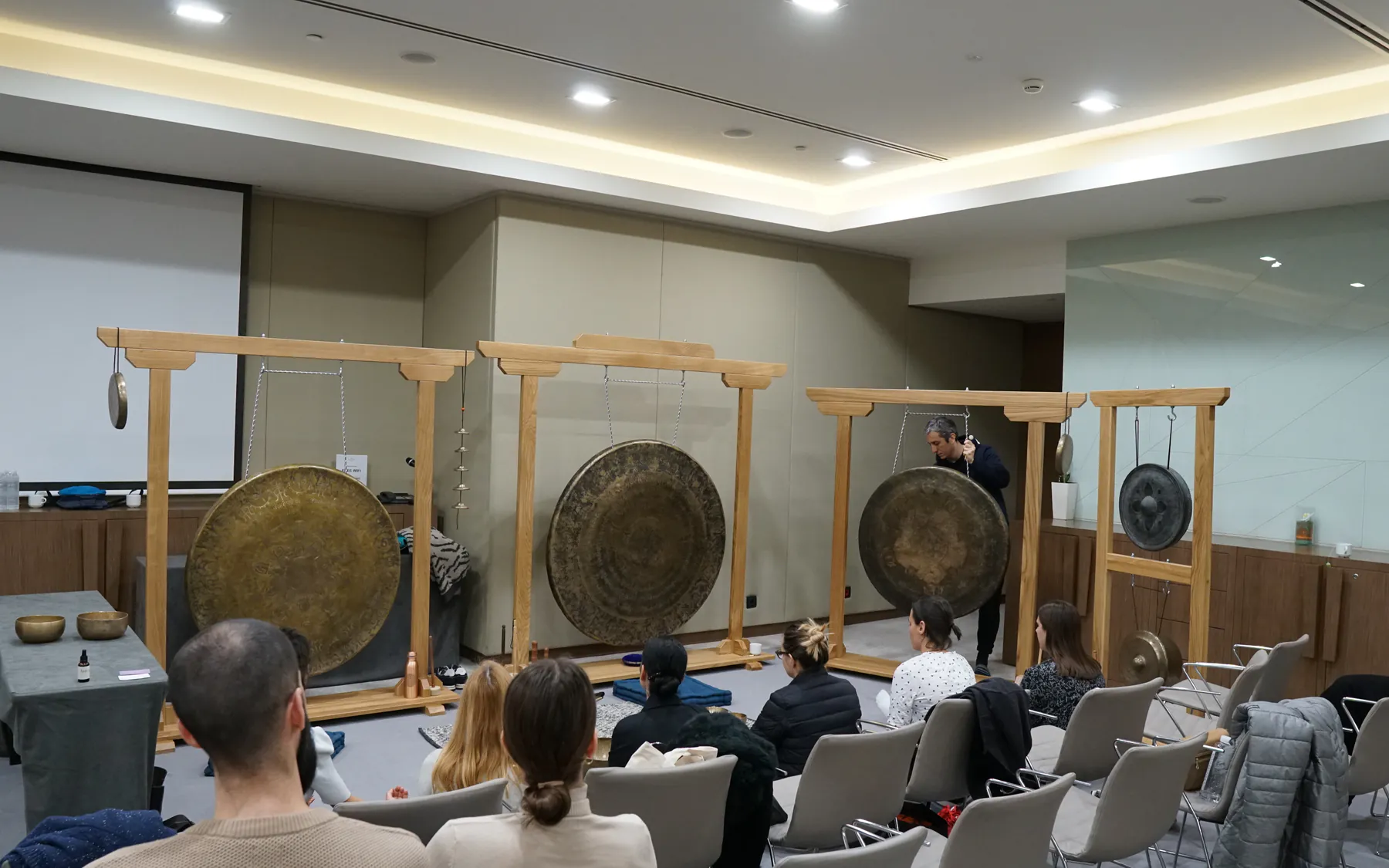 A group sound healing setup prepared for an event